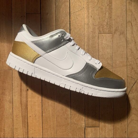 Nike Dunk Low SE White Metallic Gold Silver Women's Shoes Size 9 NEW Athletic - Picture 1 of 5